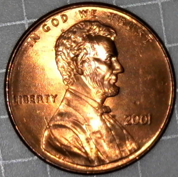2001-P-Lincoln-Memorial-Cent-Struck-Through-Wire-Brush-Bristle-Found-CRH!
